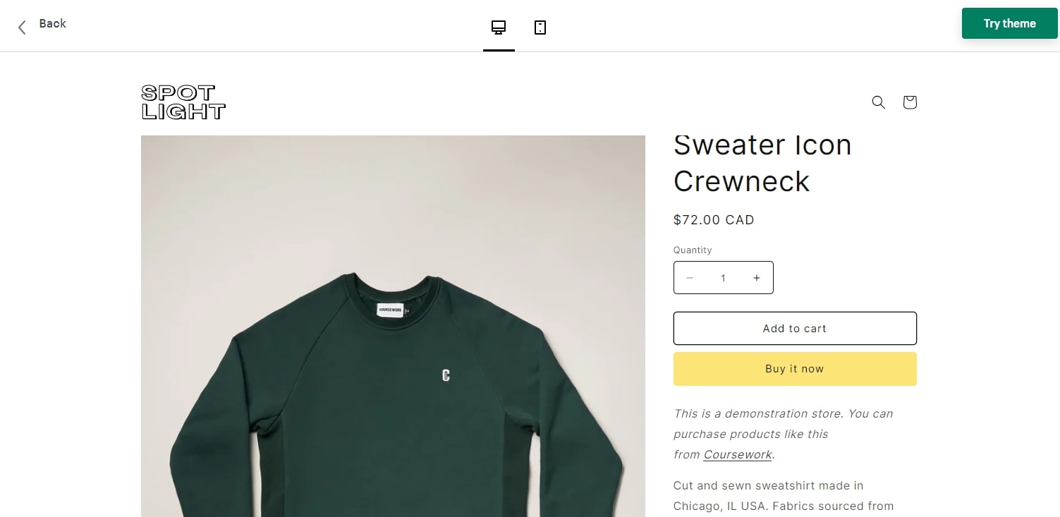 merchandising information Spotlight Theme Shopify