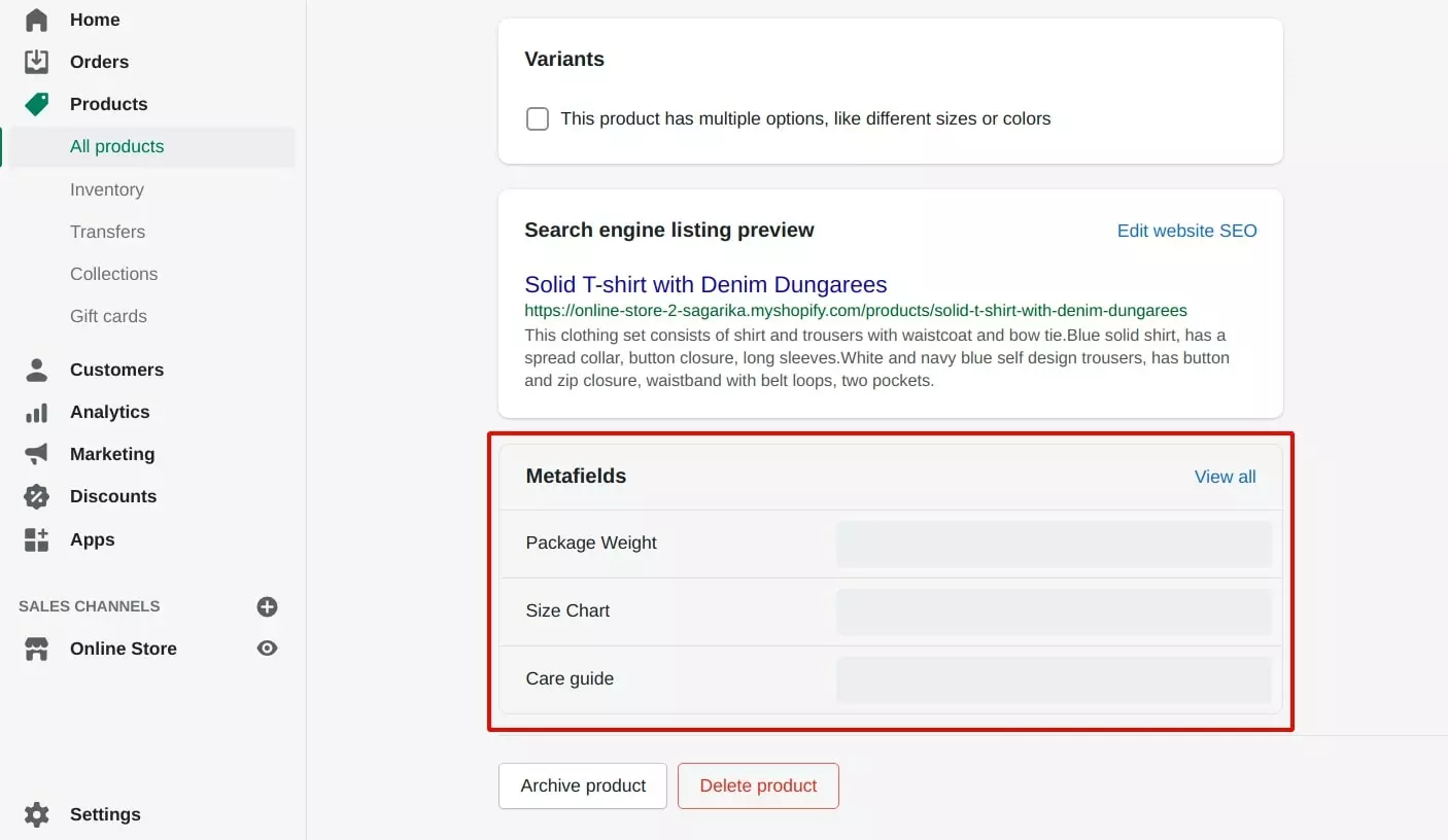 category meta fields Shopify store demo