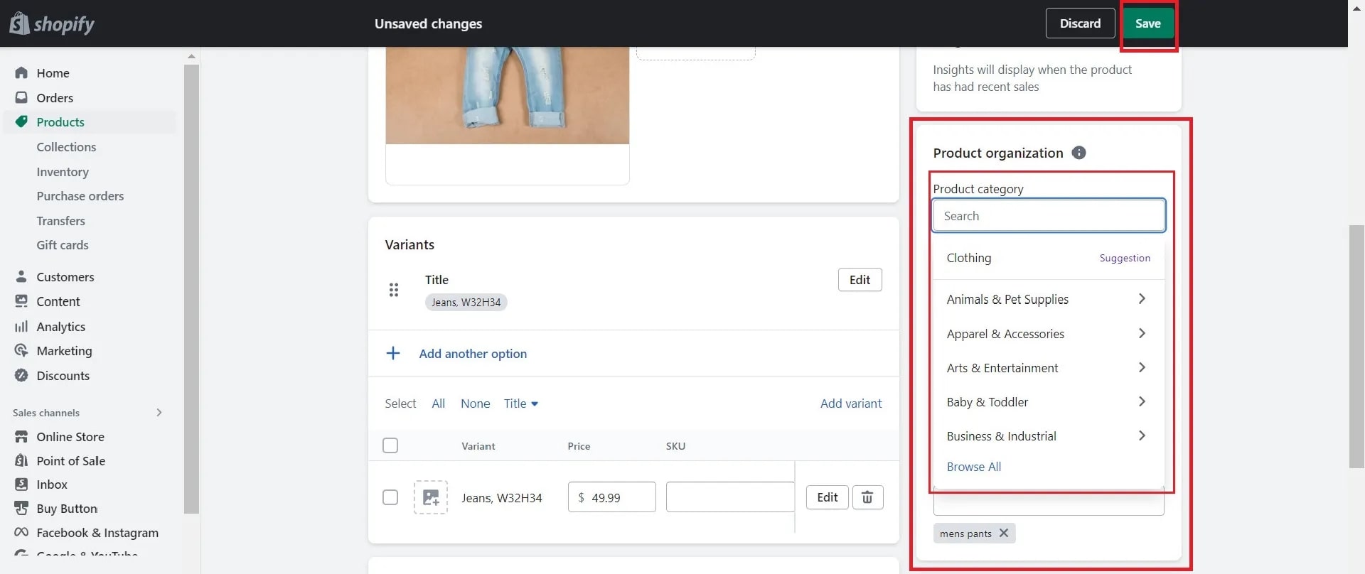 product category column Shopify store demo
