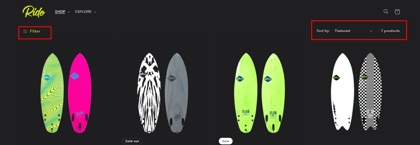product filtering and sorting Ride Shopify Theme