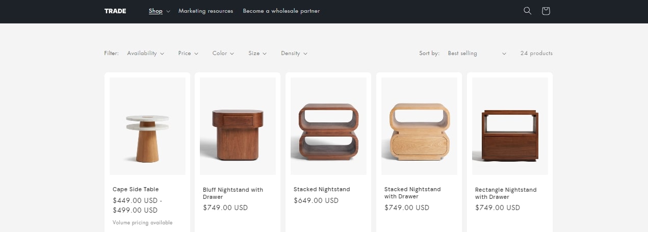 product filtering and sorting Trade Shopify theme