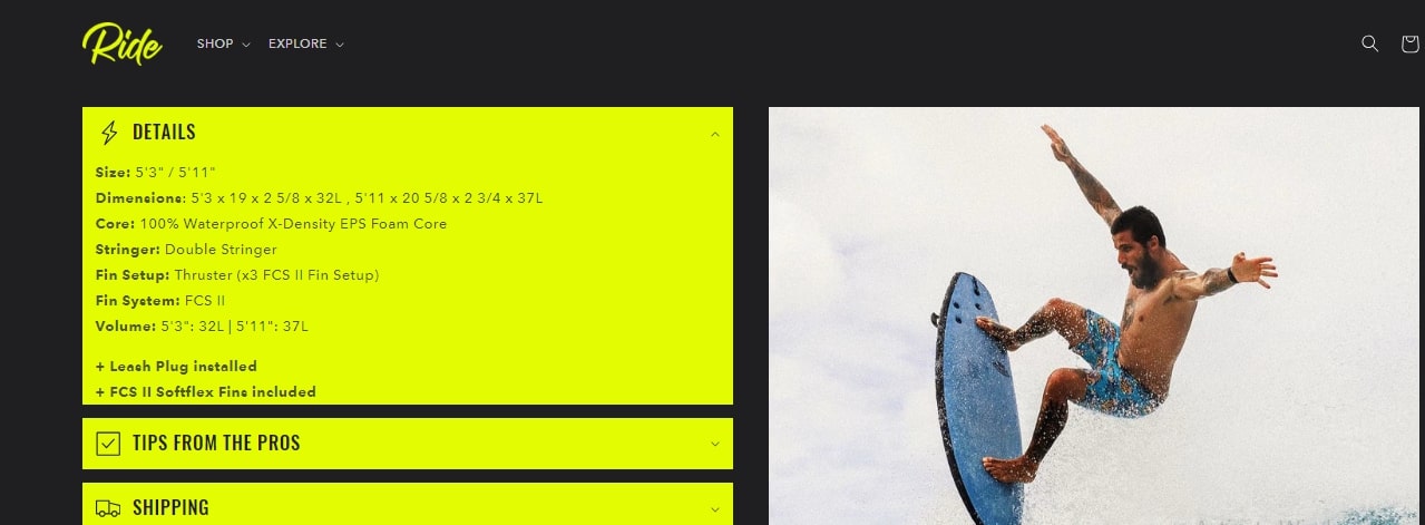 rich information product Ride Shopify Theme