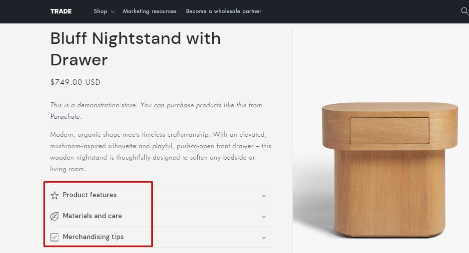 rich information product Trade Shopify theme