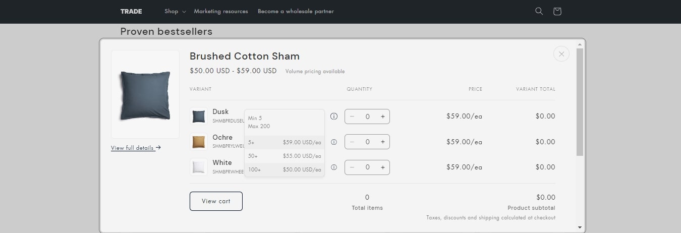volume pricing rule Trade Shopify theme