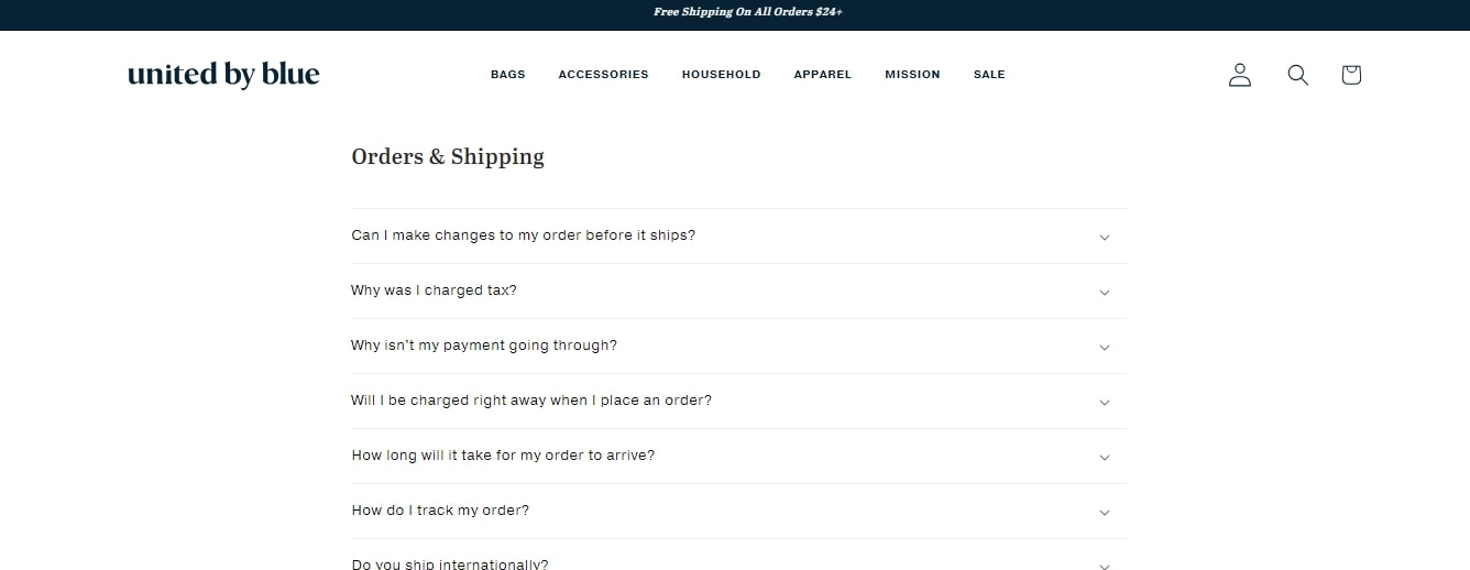 United By Blue Shopify FAQ Template