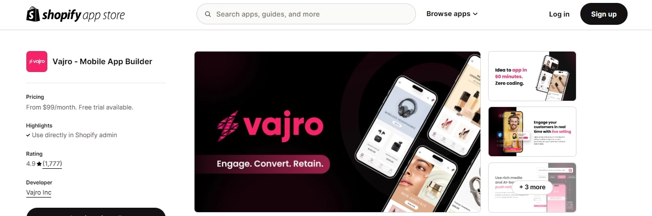 Vajro Shopify Mobile App Builders
