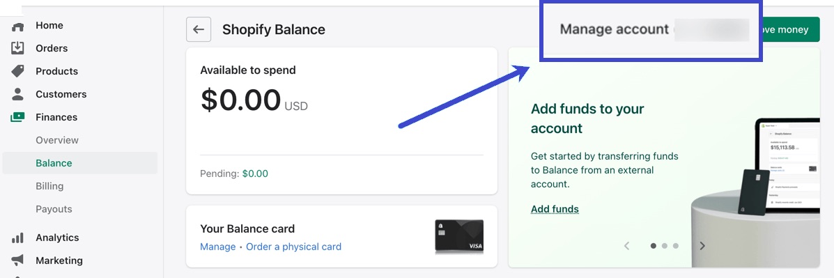 Shopify Balance Account manage account
