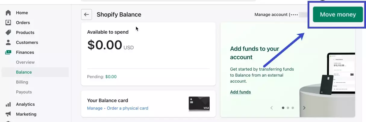 Shopify Balance Account move money