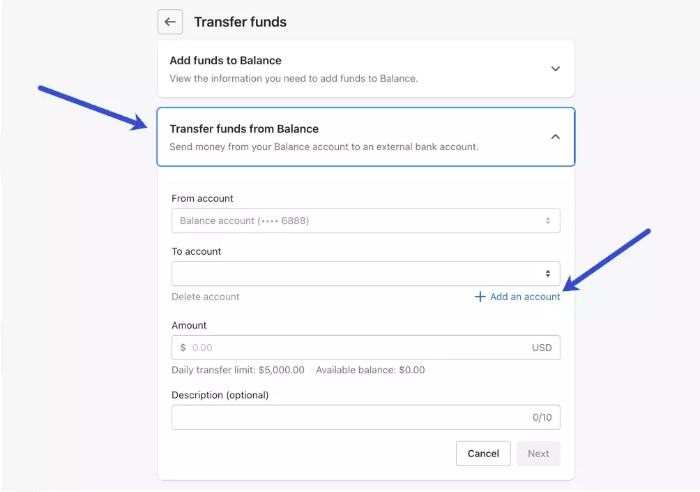 Shopify Balance Account transfer funds