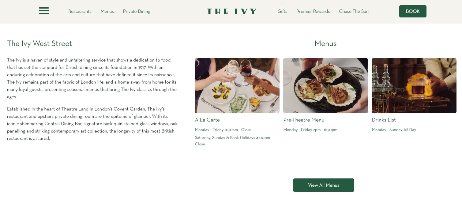 The Ivy London England Restaurant Website Designs