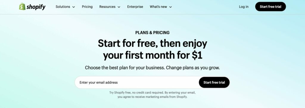 Shopify pricing page 