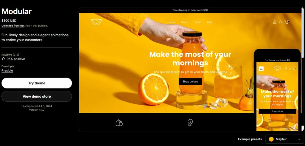 Screenshot of Modular Shopify theme page