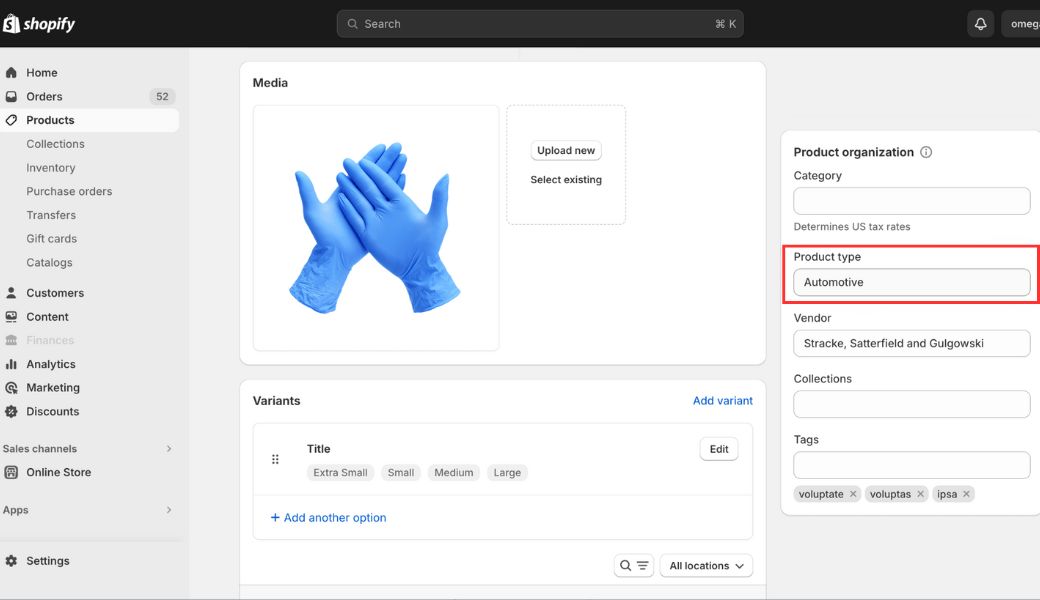 How to add product type shopify