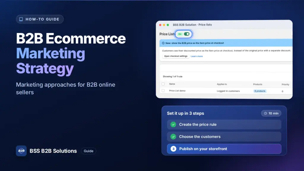 BSS B2B Solution admin price list screen with a three step checklist. Cover for: B2B Ecommerce Marketing Strategy to Boost Your Sale