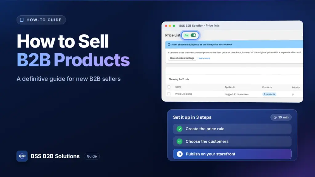 BSS B2B Solution admin price list screen with a three step checklist. Cover for: How To Sell B2B Products: A Definitive Guide