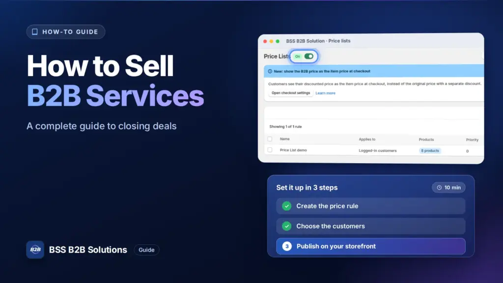 BSS B2B Solution admin price list screen with a three step checklist. Cover for: How To Sell B2B Services: A Complete Guide to Closing Deals