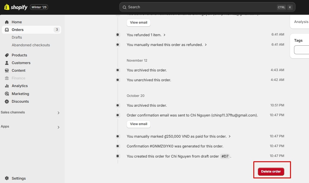 how to delete an order in Shopify 3
