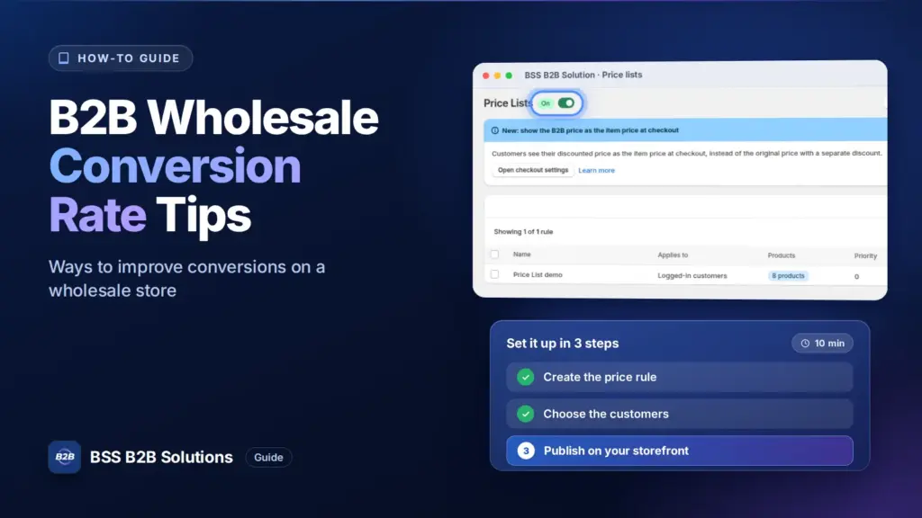 BSS B2B Solution admin price list screen with a three step checklist. Cover for: How To Increase Conversion Rate Shopify for B2B Wholesale: 15+ Proven Tips