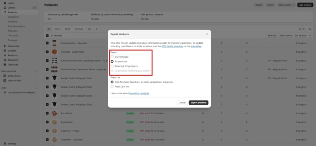 how to export products from shopify