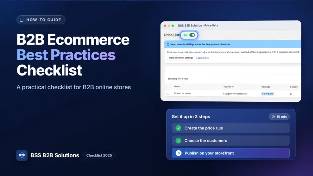 BSS B2B Solution admin price list screen with a three step checklist. Cover for: The Complete B2B Ecommerce Best Practices Checklist (2025 Edition)