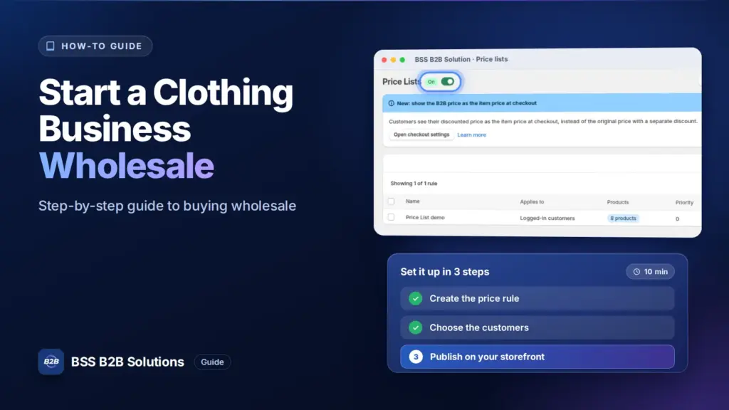 BSS B2B Solution admin price list screen with a three step checklist. Cover for: How to Start a Clothing Business with Buying Wholesale: A Step-by-Step Guide