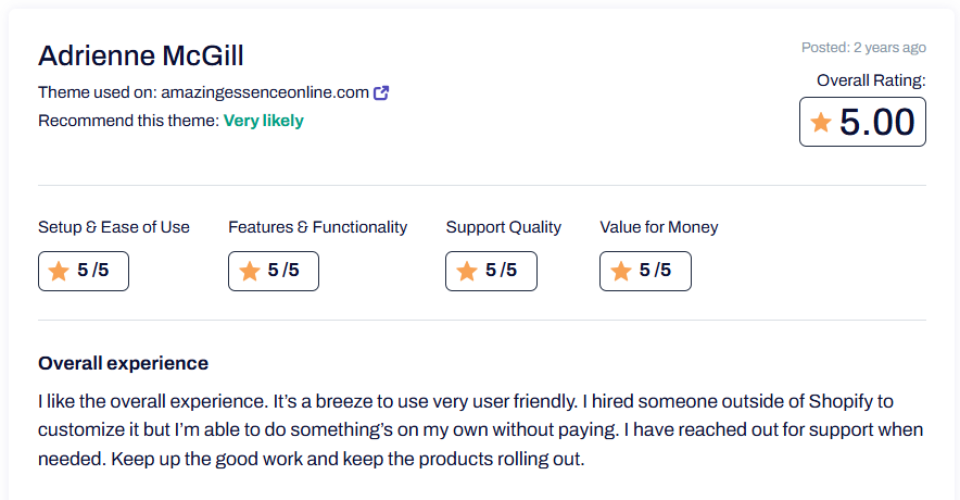 A customer's review on Icon Shopify Theme, praising its ease of use