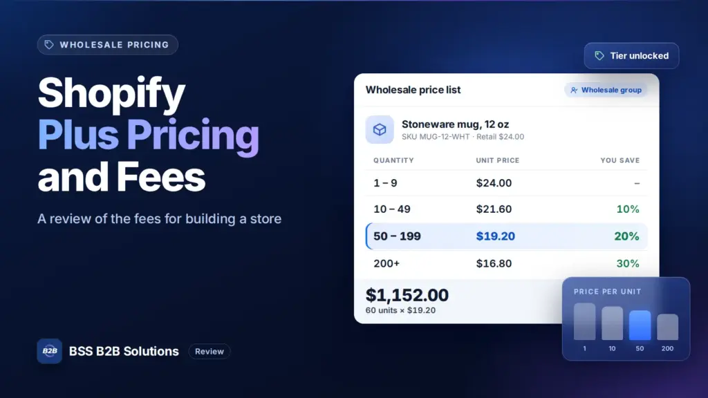 Wholesale tier price table with quantity breaks. Cover for: Shopify Plus Pricing Review & All Fees for Building a Store