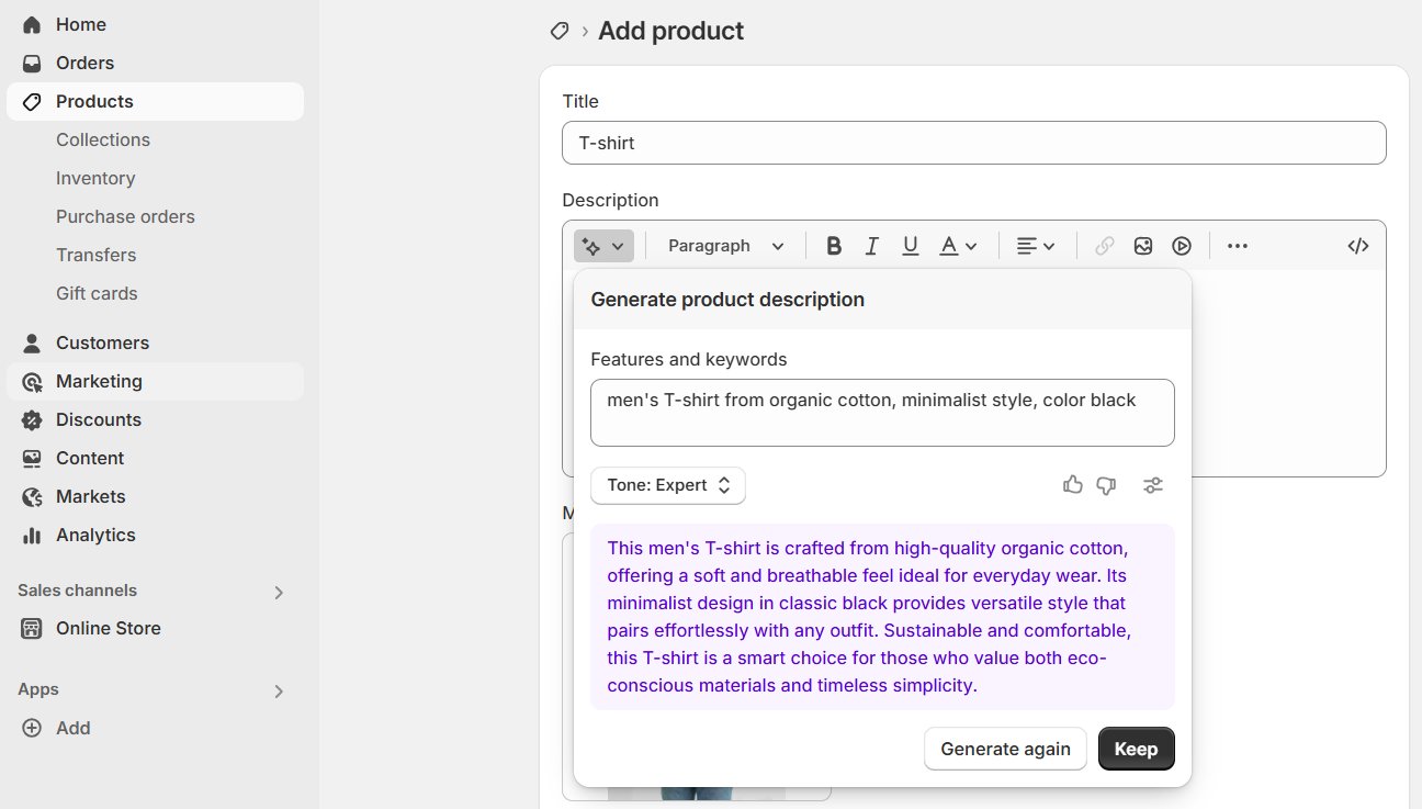 I used the built-in AI tool to generate product descriptions with only a short prompt