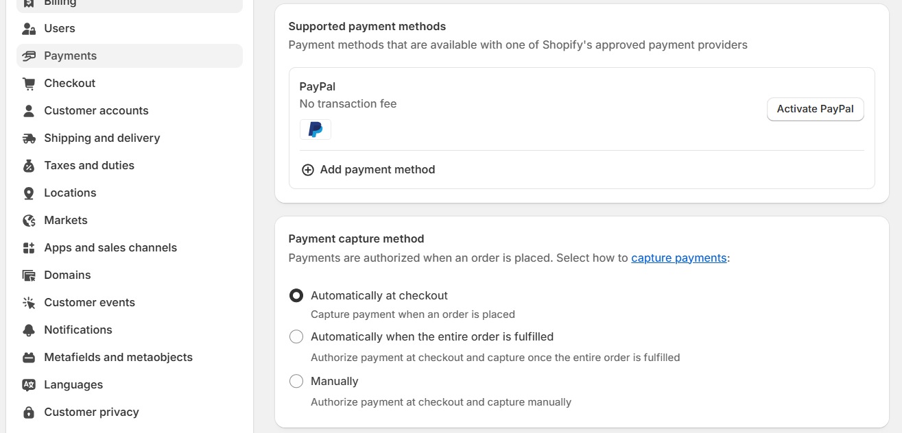 Go to Settings to configure payments, shipping, and delivery