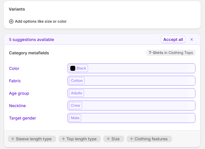 I use variants and metafields to categorize my product