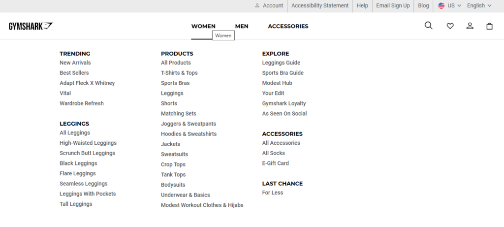GymShark's menu showing a clear hierarchical model