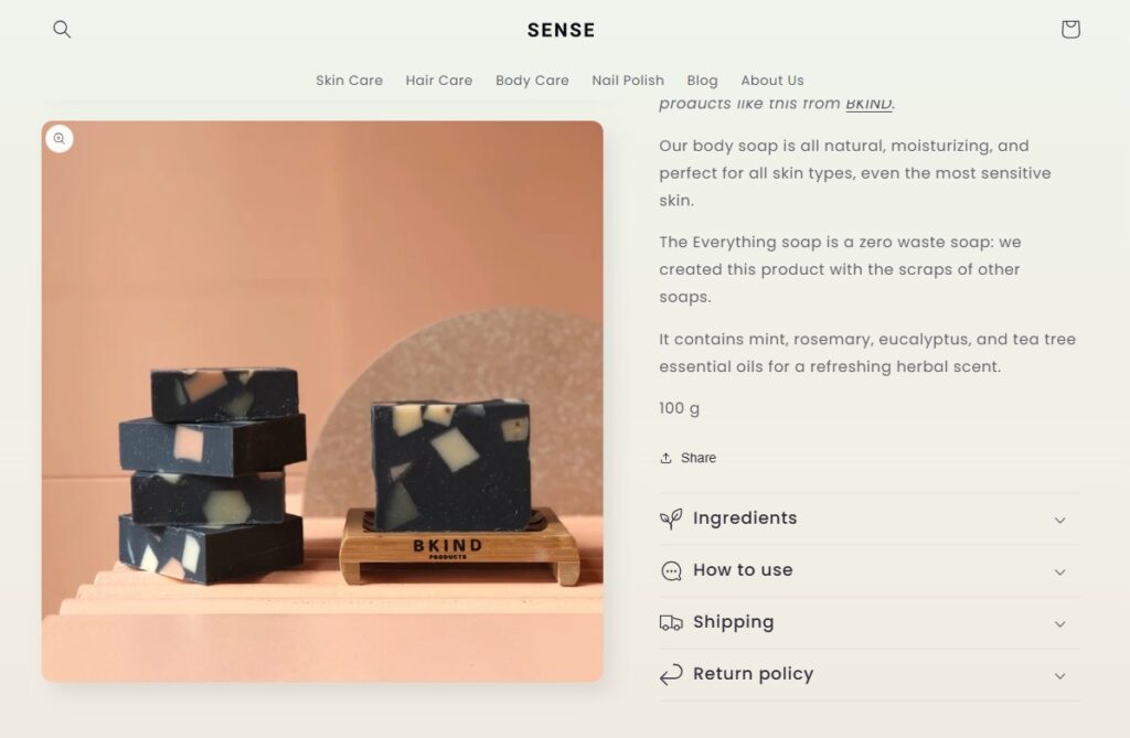sense theme - product information section