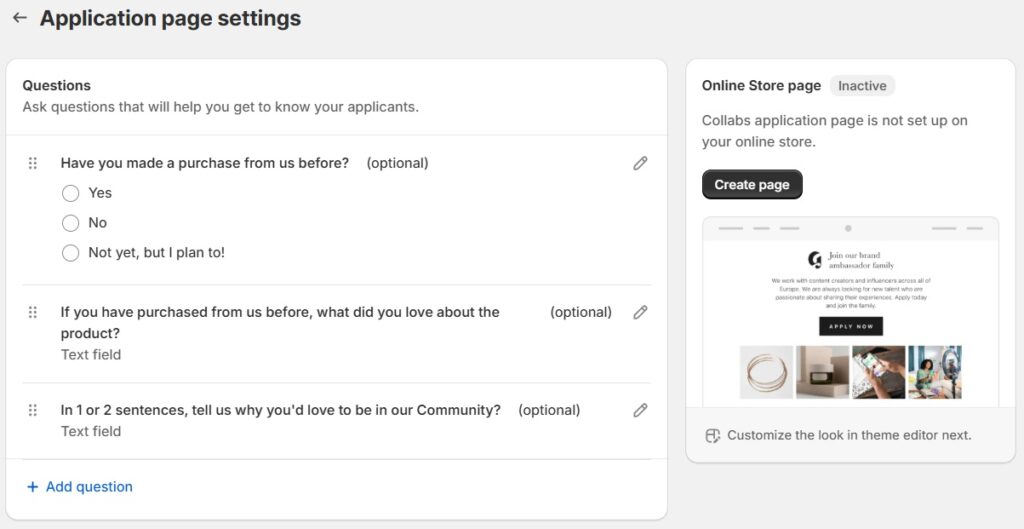 shopify collabs dashboard - create an application form