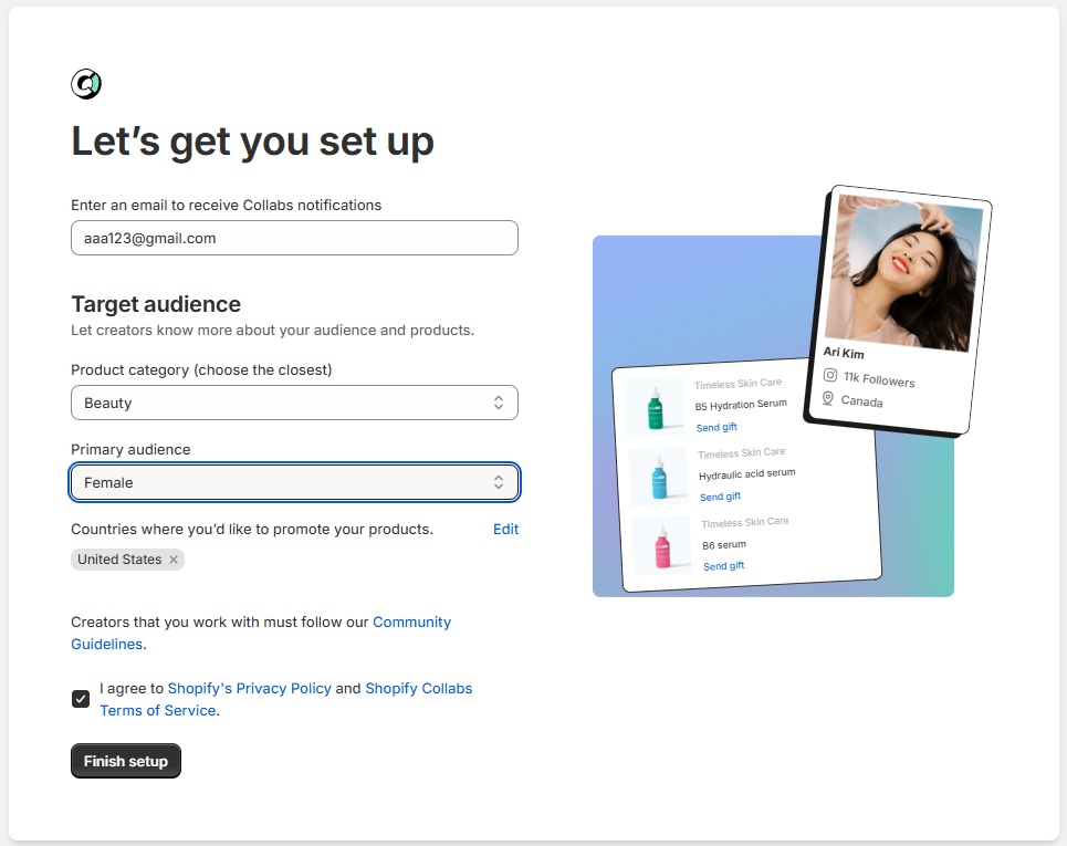 shopify collabs login - set up profile
