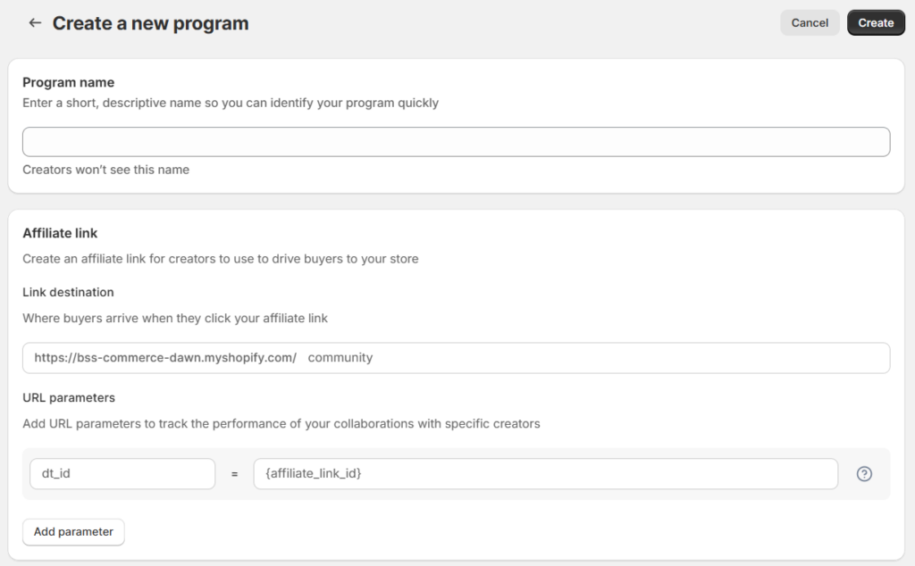 shopify collabs dashboard - create a program