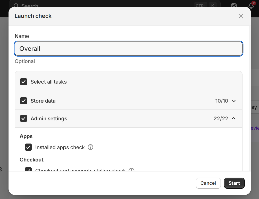 Select tasks that need checking in Shopify Launch Check App