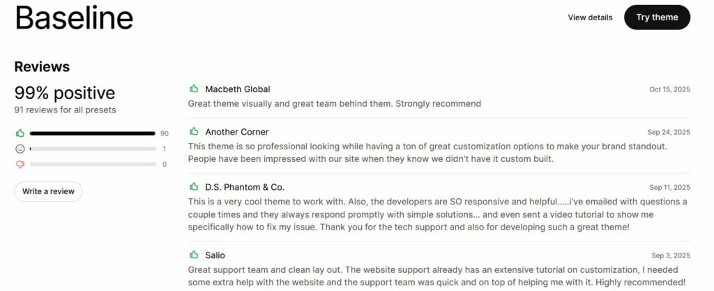 positive customer reviews of Baseline Shopify Theme