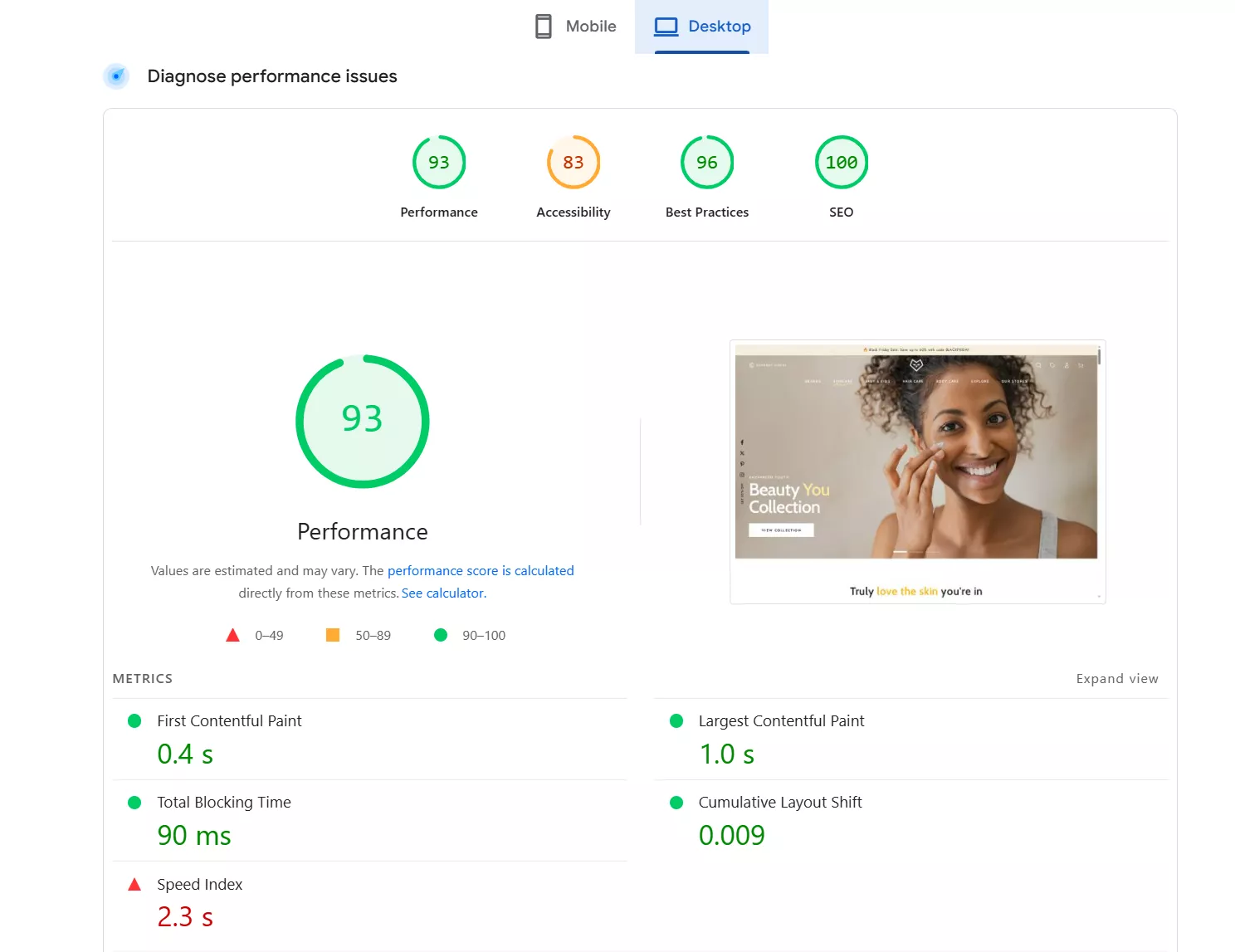 be yours pagespeed insight score