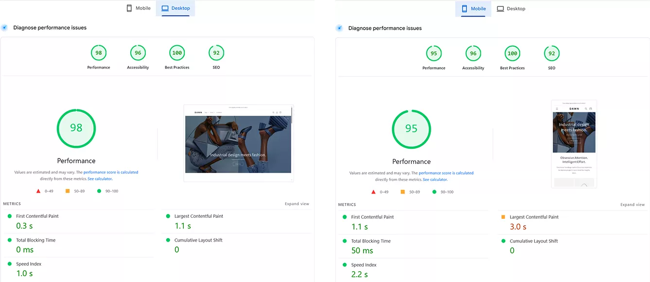 dawn pagespeed insight score