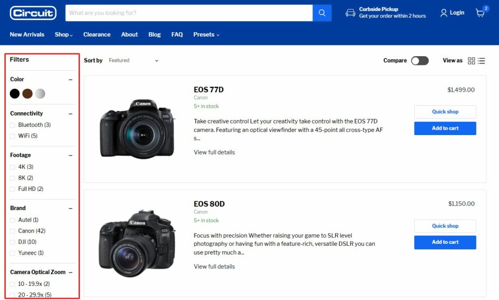 Empire Shopify theme product filtering feature