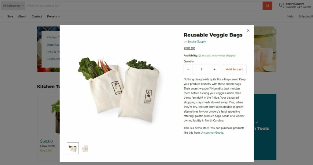 Empire Shopify theme quick buy feature