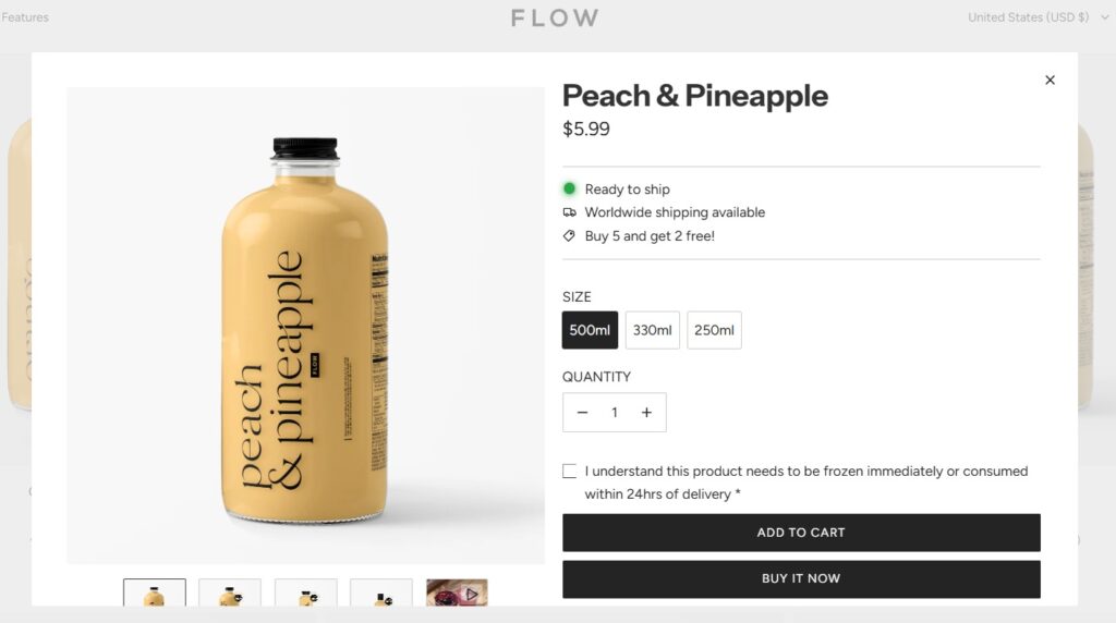 The quick buy feature of Flow theme