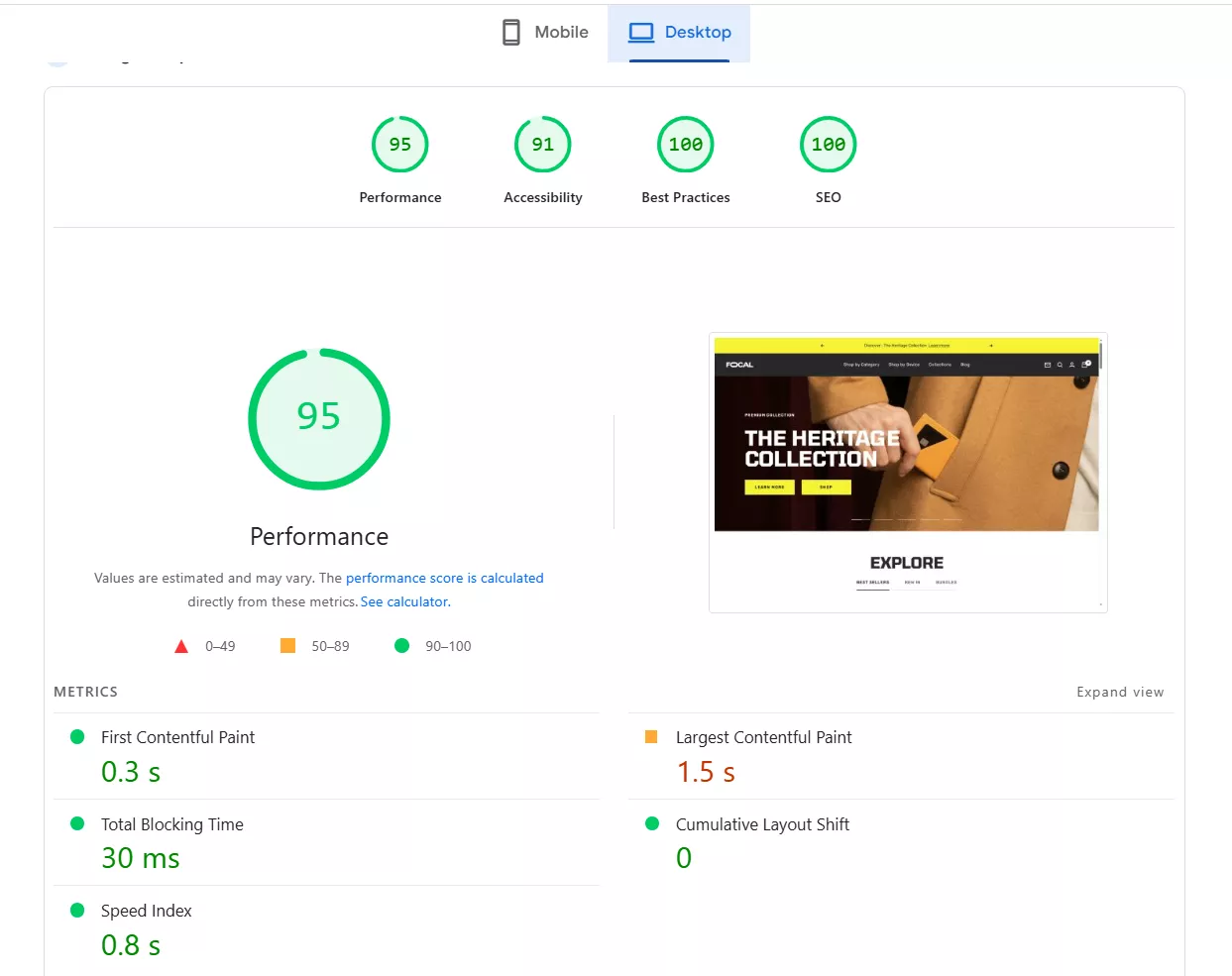 focal theme pagespeed insight