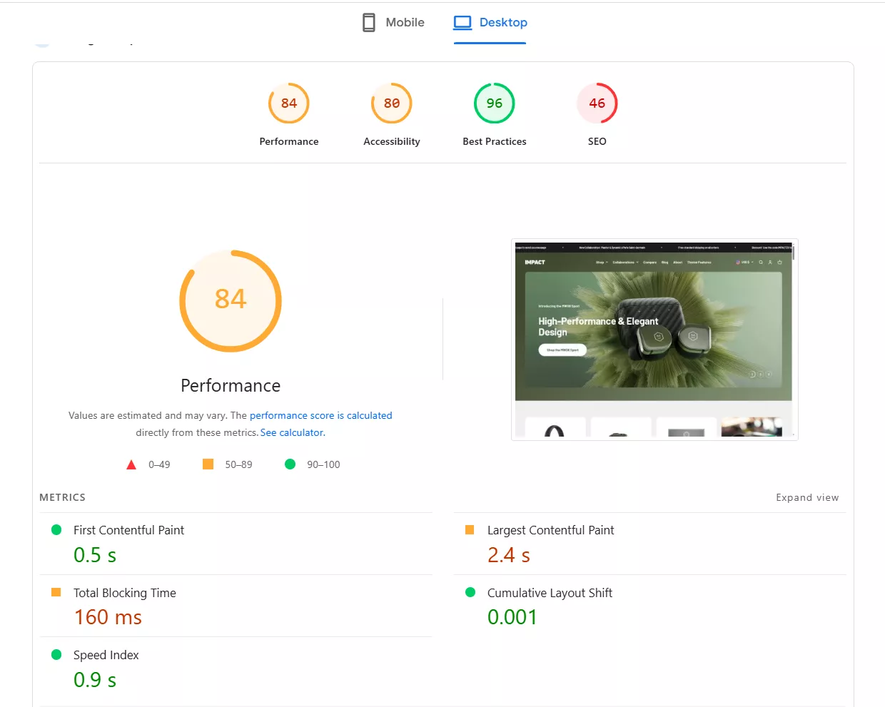 impact theme pagespeed insight