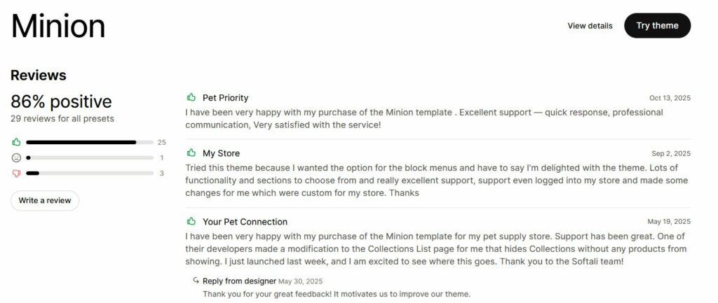 user reviews on Minion Shopify theme
