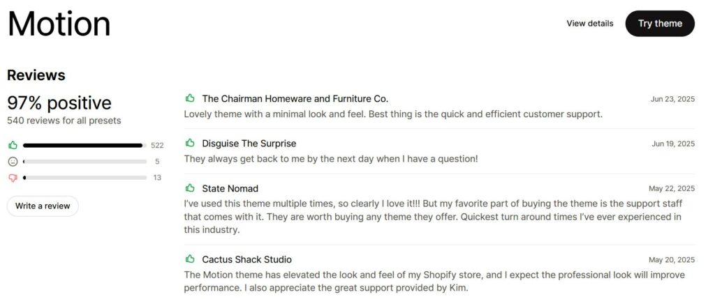 Motion theme's positive ratings and customer reviews