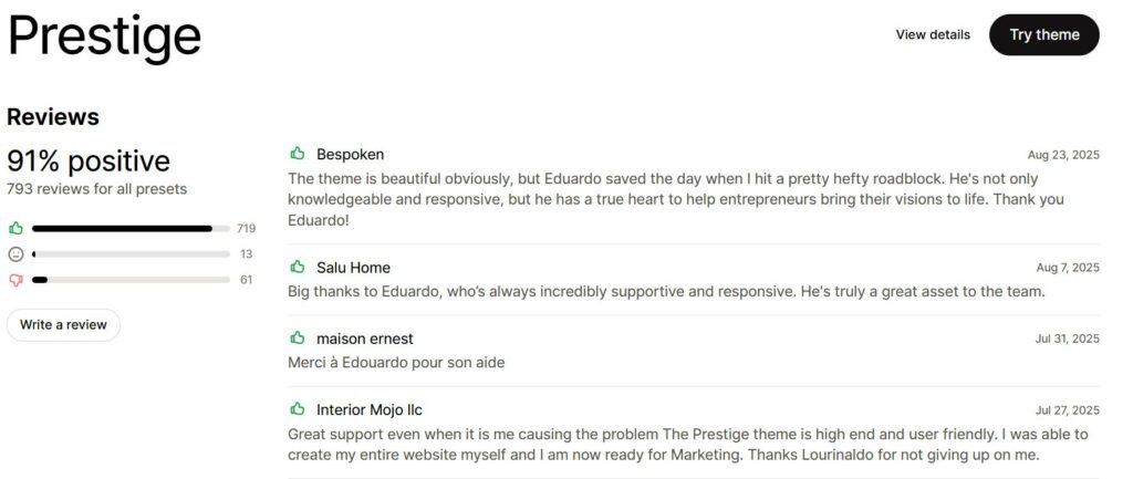 Customer review of Prestige Shopify Theme