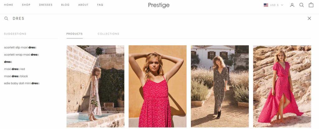 The enhanced search feature of Prestige Shopify Theme