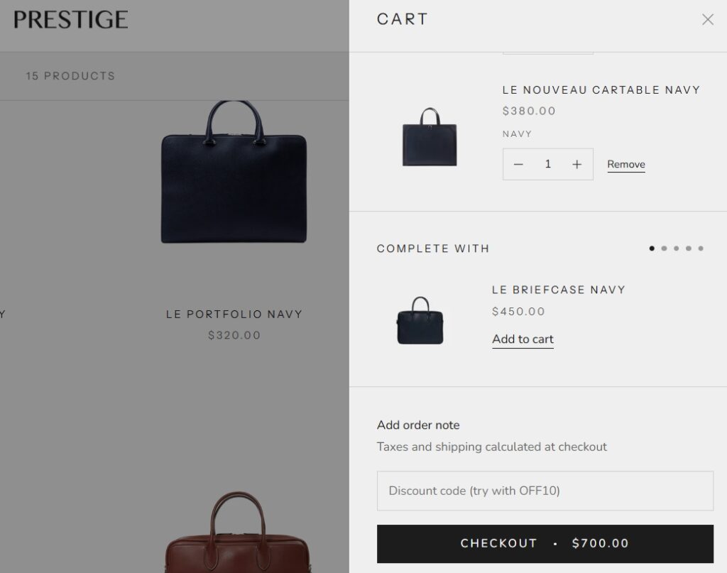 The Slide-Out Cart feature of Prestige Shopify Theme