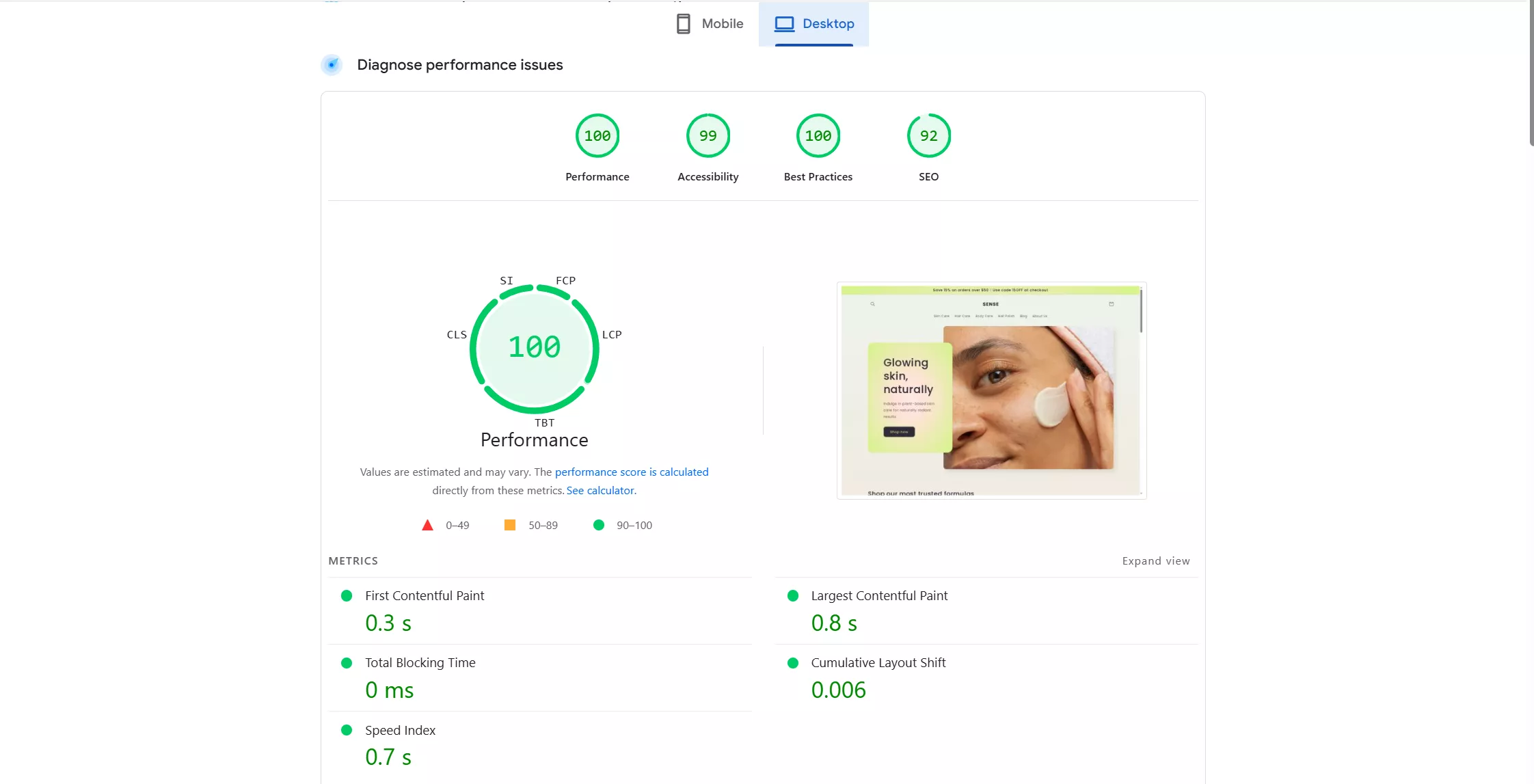 sense theme pagespeed insight